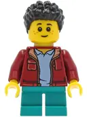 Minifigurka: TWN410:  Child - Boy, Dark Red Jacket, Dark Turquoise Short Legs, Black Short Coiled Hair, Freckles