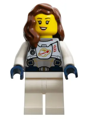 TWN411:  Astronaut - Female, Flat Silver Spacesuit with Harness and White Panel with Classic Space Logo, Reddish Brown Hair