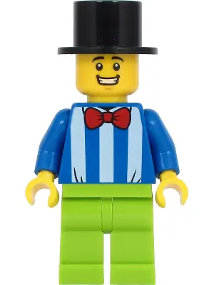 TWN413:  Fairground Worker - Male, White Stripes and Red Bow Tie, Lime Legs, Black Top Hat