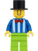 Minifigurka: TWN413:  Fairground Worker - Male, White Stripes and Red Bow Tie, Lime Legs, Black Top Hat