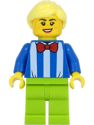 TWN414:  Fairground Worker - Female, White Stripes and Red Bow Tie, Lime Legs, Bright Light Yellow Hair