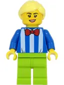 Minifigurka: TWN414:  Fairground Worker - Female, White Stripes and Red Bow Tie, Lime Legs, Bright Light Yellow Hair