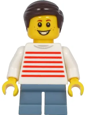 TWN415:  Child - Boy, White Sweater with Red Horizontal Stripes, Sand Blue Short Legs, Dark Brown Hair, Freckles