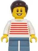 Minifigurka: TWN415:  Child - Boy, White Sweater with Red Horizontal Stripes, Sand Blue Short Legs, Dark Brown Hair, Freckles