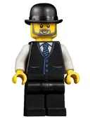 Minifigurka: TWN421:  Accountant - Male, Black Vest with Blue Striped Tie, Black Legs, Black Bowler Hat, Beard