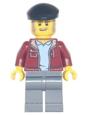 TWN424:  Man, Dark Red Jacket with Bright Light Blue Shirt, Dark Bluish Gray Legs, Black Beret, Moustache and Sideburns (Vintage Taxi Driver)