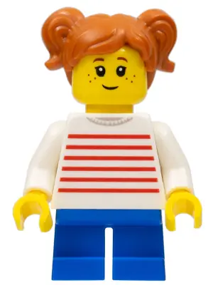 TWN427:  Child - Girl, White Sweater with Red Horizontal Stripes, Blue Short Legs, Dark Orange Hair with Pigtails, Freckles