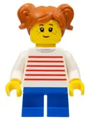 Minifigurka: TWN427:  Child - Girl, White Sweater with Red Horizontal Stripes, Blue Short Legs, Dark Orange Hair with Pigtails, Freckles