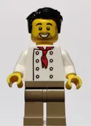 Minifigurka: TWN431:  Chef - White Torso with 8 Buttons, No Wrinkles Front or Back, Dark Tan Legs, Black Hair