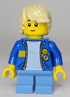 TWN436:  Child - Boy, Blue Jacket with Yellow Stripe, Medium Blue Short Legs, Tan Tousled Hair, Freckles