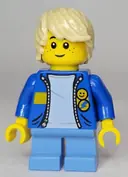 Minifigurka: TWN436:  Child - Boy, Blue Jacket with Yellow Stripe, Medium Blue Short Legs, Tan Tousled Hair, Freckles
