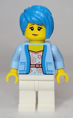 TWN437:  Woman - Bright Light Blue Jacket over White Shirt with Coral Flowers, White Legs, Dark Azure Tousled Hair