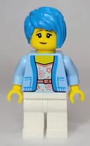 Minifigurka: TWN437:  Woman - Bright Light Blue Jacket over White Shirt with Coral Flowers, White Legs, Dark Azure Tousled Hair