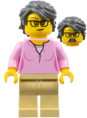 TWN438:  Woman, Bright Pink Shirt, Tan Legs, Dark Bluish Gray Swept Back Tousled Hair