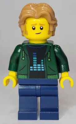 TWN441:  Man - Dark Green Hoodie, Dark Blue Legs, Medium Nougat Wavy Hair