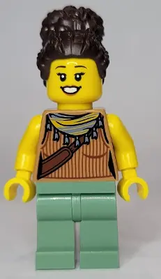 TWN442:  Woman, Medium Nougat Tank Top with Reddish Brown Ribbing and Should Bag, Sand Green Legs, Dark Brown Coiled Hair in High Bun