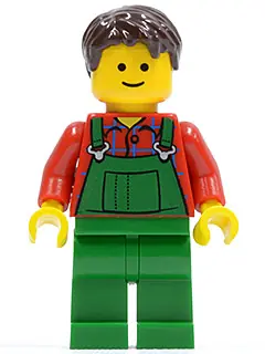 TWN445:  Overalls Farmer Green, Dark Brown Short Tousled Hair, Standard Grin