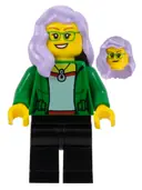 Minifigurka: TWN447:  Woman, Green Jacket, Lavender Hair