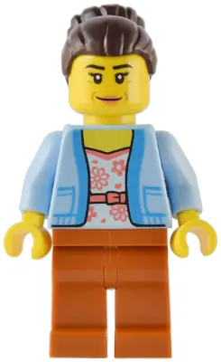 TWN454:  Club Owner / Manager - Female, Bright Light Blue Jacket over White Shirt with Coral Flowers, Dark Orange Legs, Dark Brown Hair with Bun