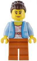 Minifigurka: TWN454:  Club Owner / Manager - Female, Bright Light Blue Jacket over White Shirt with Coral Flowers, Dark Orange Legs, Dark Brown Hair with Bun