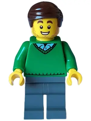 TWN460:  Mover - Male, Green V-Neck Sweater, Dark Bluish Gray Legs, Dark Brown Hair
