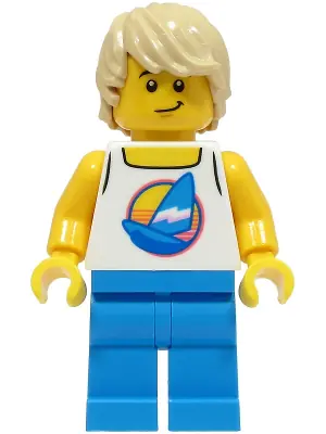 TWN461:  Beach Tourist - Male, White Tank Top with Dark Azure Sailboat, Dark Azure Legs, Tan Hair