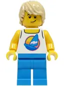 Minifigurka: TWN461:  Beach Tourist - Male, White Tank Top with Dark Azure Sailboat, Dark Azure Legs, Tan Hair