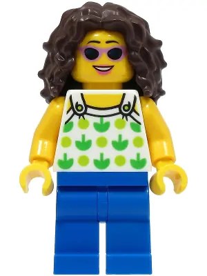 TWN462:  Beach Tourist - Female, White Halter Top with Green Apples and Lime Spots, Blue Legs, Dark Brown Long Tousled Hair, Sunglasses