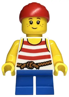 TWN463:  Child - Girl, Pirate Costume, White Tank Top with Red Stripes, Blue Short Legs, Red Bandana