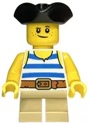 Minifigurka: TWN464:  Child - Boy, White Tank Top with Blue Stripes, Tan Short Legs, Black Tricorne Hat, Freckles