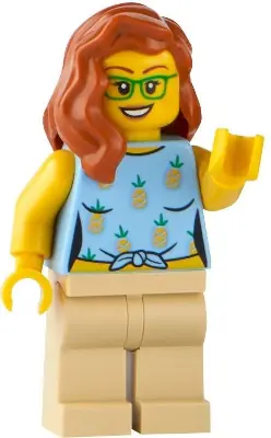 TWN468:  Land Rover Classic Defender Driver - Female, Bright Light Blue Knotted Top with Pineapples, Tan Legs, Dark Orange Hair, Green Glasses