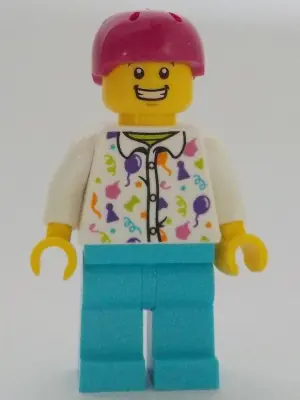 TWN469:  Man - White Party Shirt, Medium Azure Legs, Magenta Helmet