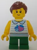 Minifigurka: TWN470:  Child - Girl, White Collared Shirt with Fruit, Green Short Legs, Reddish Brown Ponytail, Freckles