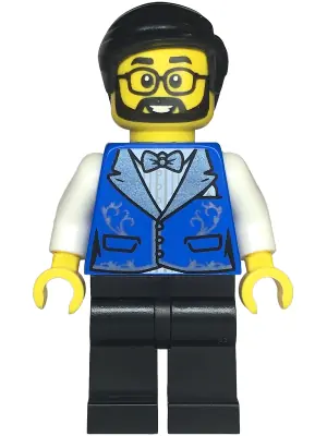 TWN472:  Hotel Receptionist - Male, Blue Vest with Metallic Light Blue Lapels, Black Legs, Black Hair, Beard and Glasses