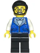 Minifigurka: TWN472:  Hotel Receptionist - Male, Blue Vest with Metallic Light Blue Lapels, Black Legs, Black Hair, Beard and Glasses
