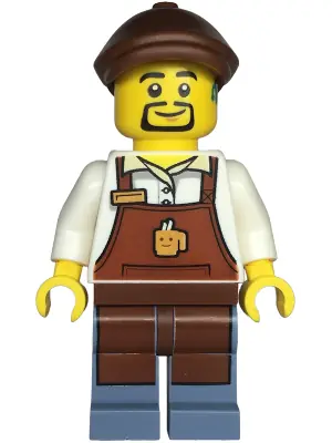 TWN473:  Barista - Male, Reddish Brown Apron with Cup and Name Tag, Sand Blue Legs, Reddish Brown Flat Cap, Hearing Aid