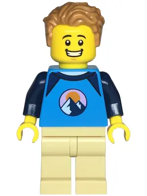 TWN474:  Wheelchair User - Male, Dark Azure and Dark Blue Shirt with Mountains, Tan Legs, Medium Nougat Tousled Hair