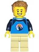 Minifigurka: TWN474:  Wheelchair User - Male, Dark Azure and Dark Blue Shirt with Mountains, Tan Legs, Medium Nougat Tousled Hair