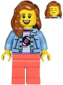 Minifigurka: TWN476:  Record Store Clerk - Female, Bright Light Blue Denim Jacket over Shirt with Record, Coral Legs, Dark Orange Hair, Freckles