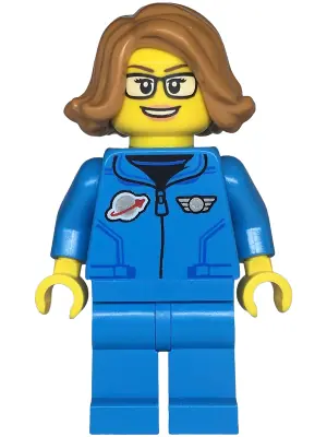 TWN479:  Space Scientist - Female, Dark Azure Jumpsuit, Medium Nougat Hair, Glasses, Open Mouth Smile