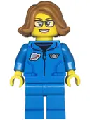 Minifigurka: TWN479:  Space Scientist - Female, Dark Azure Jumpsuit, Medium Nougat Hair, Glasses, Open Mouth Smile