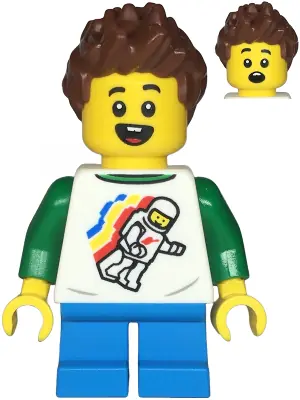 TWN481:  Child - Boy, Classic Space Shirt with Minifigure Floating and Back Print, Dark Azure Short Legs, Reddish Brown Spiked Hair