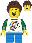 Minifigurka: TWN481:  Child - Boy, Classic Space Shirt with Minifigure Floating and Back Print, Dark Azure Short Legs, Reddish Brown Spiked Hair