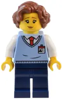 Minifigurka: TWN484:  Natural History Museum Employee - Female, Bright Light Blue Sweater Vest with ID Badge, Dark Blue Legs, Reddish Brown Hair
