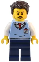 Minifigurka: TWN485:  Natural History Museum Employee - Male, Bright Light Blue Sweater Vest with ID Badge, Dark Blue Legs, Dark Brown Tousled Hair