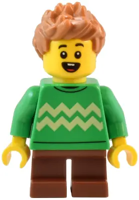 TWN488:  Child - Boy, Bright Green Sweater with Bright Light Yellow Zigzag Lines, Reddish Brown Short Legs, Medium Nougat Spiked Hair