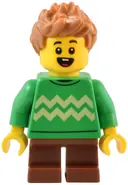 Minifigurka: TWN488:  Child - Boy, Bright Green Sweater with Bright Light Yellow Zigzag Lines, Reddish Brown Short Legs, Medium Nougat Spiked Hair