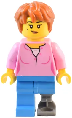 TWN489:  Natural History Museum Visitor - Female, Bright Pink Shirt, Dark Azure Legs with Prosthetic Leg, Dark Orange Thick Messy Hair