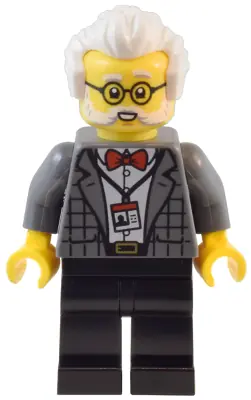 TWN490:  Natural History Museum Curator - Male, Dark Bluish Gray Plaid Jacket with Red Bow Tie, Black Legs, White Hair, Glasses