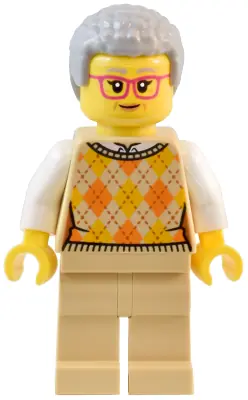 TWN491:  Natural History Museum Visitor - Female, Tan Knit Argyle Sweater Vest, Tan Legs, Light Bluish Gray Coiled Hair, Glasses